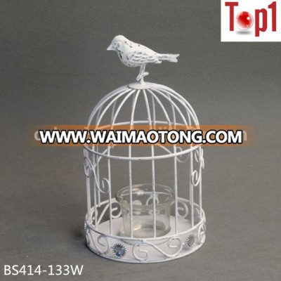 High quality wholesale Bird cage shape Metal white candle holder for home decoorative