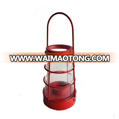 Hurricane Red Iron Handle Table Home Garden Lamp Metal Crafts Glass Candle Holder Lantern